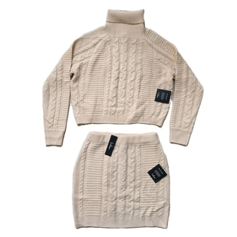 Lulus Cable Knit Sweater Mini Skirt Set Medium M Stretchy Elastic Waist Cream